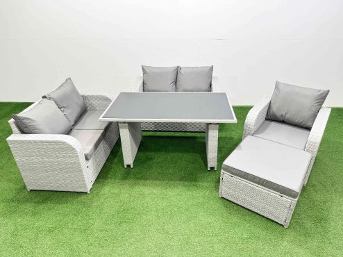 Fimous Rattan Sofa Outdoor Furniture with Dining Table,Love Sofa,Big Stool Patio Furniture Light Grey 6 Seater
