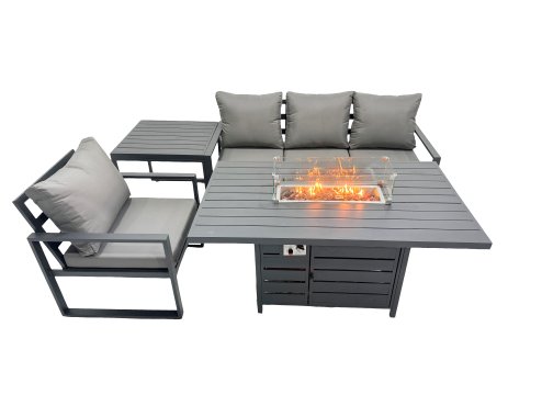 Fimous 4 Seat Outdoor Garden Furniture Set Aluminium Lounge 3 Seat Sofa Gas Fire Pit Table Sets with Chair Side Table Dark Grey