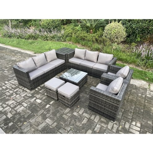 Fimous Rattan Garden Furniture Sofa Set with 2 Armchairs Square Coffee Table Side Table 2 Small Footstools Indoor Side Table 10 Seater Outdoor Rattan Set Dark Grey Mixed