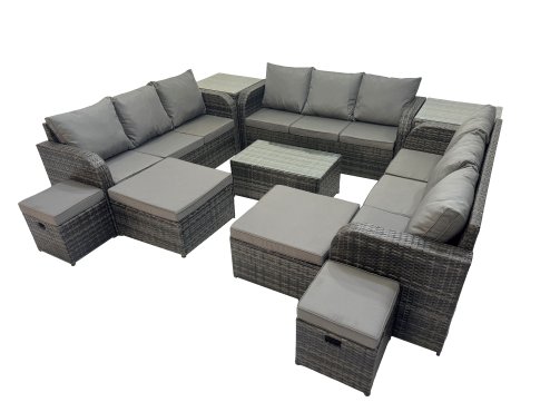 Fimous Outdoor 3 Seater Sofa Coffee Table Set Garden Rattan Furniture Set 13 Seater with 2 Side Tables 4 Stools Dark Grey