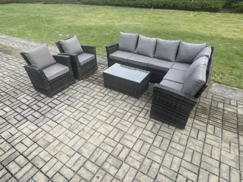 Fimous 8 Seater High Back Outdoor Garden Furniture Set Rattan Corner Sofa Set With Rectangular Coffee Table 2 Armchairs Dark Grey Mixed