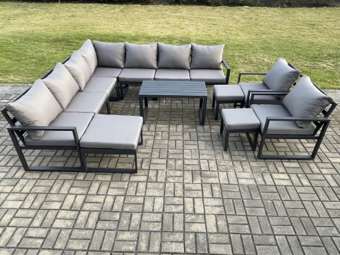 Fimous Aluminium Outdoor Garden Furniture Set Lounge Corner Sofa Oblong Coffee Table 2 Pcs Chair Sets with 3 Footstools Dark Grey