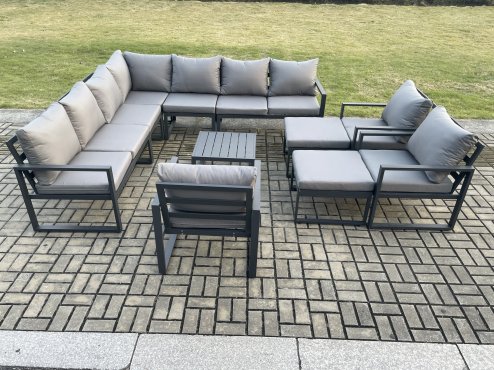 Fimous Aluminium Outdoor Garden Furniture Set Lounge Corner Sofa 3 Pcs Chair Square Coffee Table Sets with 2 Big Footstools Dark Grey