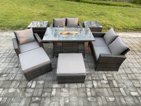 Fimous 7 Seater Rattan Outdoor Garden Furniture Gas Fire Pit Table Sets Gas Heater with Love Sofa Armchair 2 Big Footstool 2 Side Tables Dark Mixed Grey