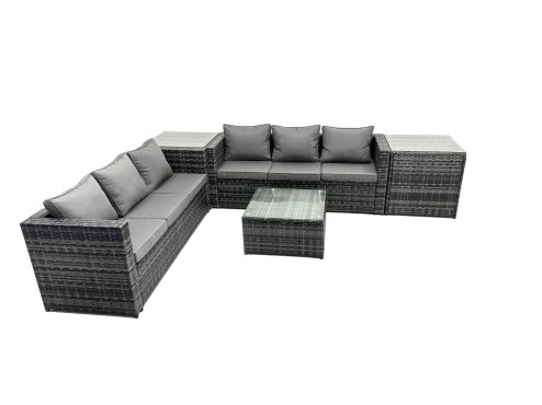 Fimous Outdoor Rattan Garden Furniture Set 6 Seater Patio Lounge Sofa Set with Square Coffee Table 2 Side Table Dark Grey Mixed