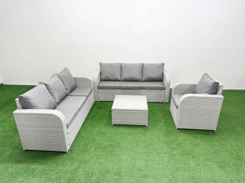 Fimous 7 Seater Poly Rattan Outdoor Garden Furniture Square Coffee Table Sofa Set Patio 3 Seater Sofa Reclining Chair 3 Seater Sofa Light Grey Image