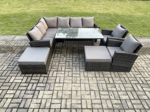 Fimous 10 Seater High Back Rattan Garden Furniture Set Corner Sofa With Rectangular Dining Table 2 Arm Chairs 2 Big Footstool