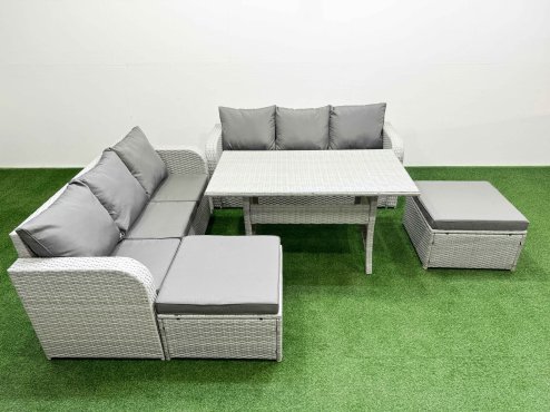 Fimous Outdoor Garden Furniture Sets 8 Seater Wicker Rattan Furniture Sofa Sets with Rectangular Dining Table high Back Lounge Sofa 2 Big Footstool Light Grey
