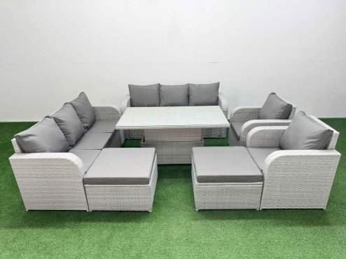Fimous PE Rattan High Back Lounge Sofa Set Patio Adjustable Lifting Dining or Coffee Table & Chairs Set with 3 Seater Sofa Reclining Chair 2 Big Footstool Light Grey