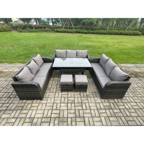 Fimous Rattan Garden Furniture Set with Oblong Rectangular Dining Table 2 Small Footstools 11 Seater Outdoor Lounge Sofa Set Dark Grey Mixed