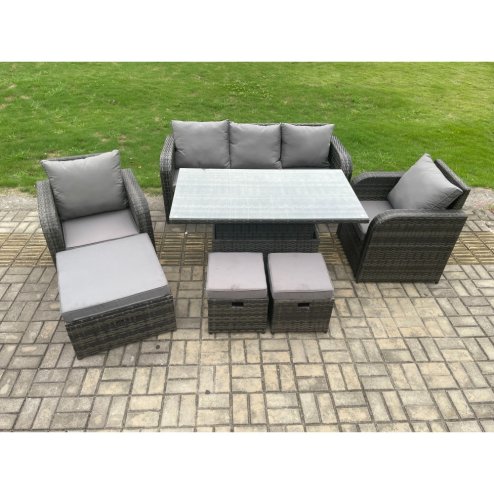 Fimous Outdoor Rattan Furniture Garden Dining Sets Height Adjustable Rising lifting Table and Chair Set With Lounge Sofa 3 Footstools