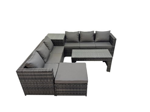 Fimous Garden Rattan Outdoor Furniture Set 7 Seater Patio Corner Sofa Oblong Coffee Table with Big Stool Side Table Dark Grey