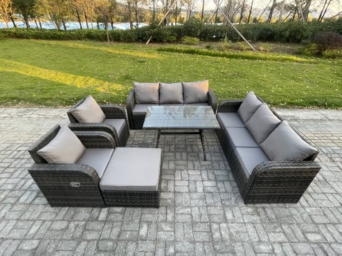 Fimous 9 Seater Rattan Outdoor Garden Furniture Sofa Set Patio Table & Chairs Set with 3 Seater Sofa Rectangular Dining Table Big Footstool Dark Grey Mixed