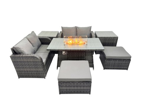Fimous 6-seater Patio Gas Firpit Dining Table Sofa Sets Rattan Garden Furniture Dining Set with 2 Big Stools 2 Side Tables Dark Grey Mixed