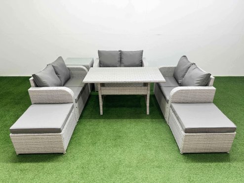 Fimous 8 Seater PE Wicker Rattan Furniture Sofa Sets with Rectangular Dining Table 2 Seater Love Sofa 2 Big Footstool Side Table Light Grey