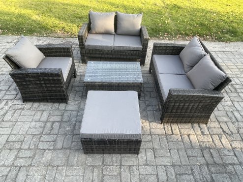 Fimous Wicker Rattan Garden Furniture Sofa Set with Rectangular Coffee Table Double Seat Sofa Chair Big Footstool 6 Seater Outdoor Rattan Set Dark Grey Mixed