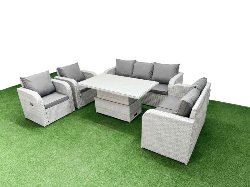 Fimous PE Rattan Garden Furniture Set Reclining Chair Sofa Double Love Seat 2 Seater Sofa Lounge Set Adjustable Lifting Dining or Coffee Table Light Grey