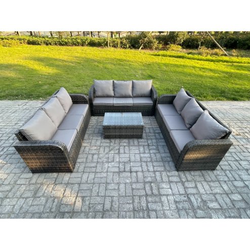 Fimous Rattan Lounge Sofa Set 9 Seater Outdoor Garden Furniture Set with Rectangular Coffee Table 3 Seater Sofa Dark Grey Mixed