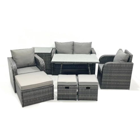 Fimous Outdoor Garden Furniture Set Rattan Sofa Dining Table Set with Reclining Chair 3 Footstool Side Table Dark Grey Mixed