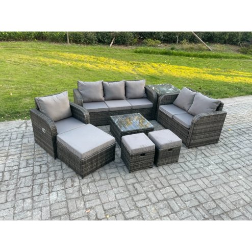 Fimous Rattan Garden Furniture 8 Piece Patio Set With Table Sofa Square Coffee Table Reclining Chair Love seat sofa Side 3 Seater Sofa 3 Footstools Side Table