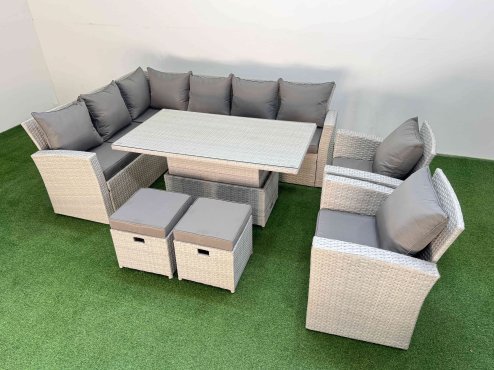 Fimous 10 Seat Rattan Outdoor Garden Furniture Corner Sofa Set Adjustable Lifting Dining or Coffee Table Set with 2 Small Footstools Light Grey