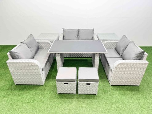 Fimous 8 Seater Patio Garden Furniture Sets with Black Glass Top Dining Table Love Sofa 2 Side Tables 2 Small Stool Light Grey