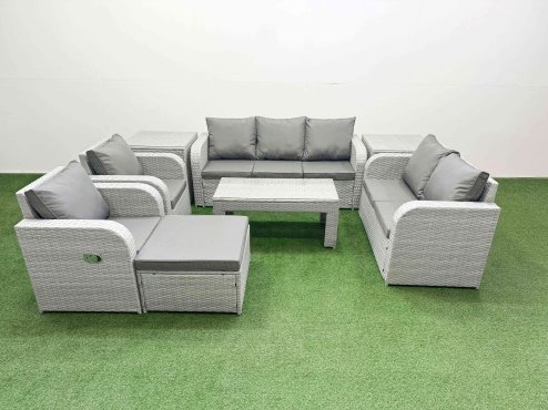 Fimous PE Rattan Garden Furniture Set Adjustable Chair Sofa Double Love Seat 2 Seater Sofa Lounge Set Rectangular Coffee Table Big Footstool 2 Side Table Light Grey