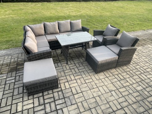 Fimous High Back Outdoor Garden Furniture Set Rattan Corner Sofa Dining Table Set With 2 Big Footstool 2 Armchairs Dark Grey Mixed