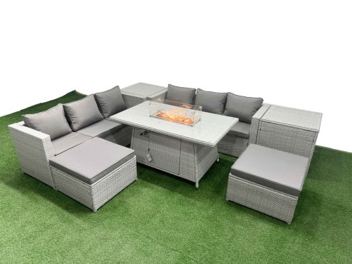 Fimous 8 Seat PE Rattan Lounge Sofa Set Outdoor Garden Furniture Set with Firepit Dining Table 3 Seater Sofa 2 Stools 2 Side Tables Light Grey