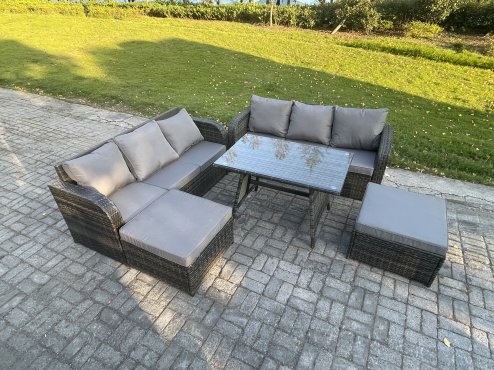 Fimous Garden Furniture Sofa Set Rectangular Dining Table 2 Big Footstool Indoor Outdoor 8 Seater Rattan Set Dark Grey Mixed