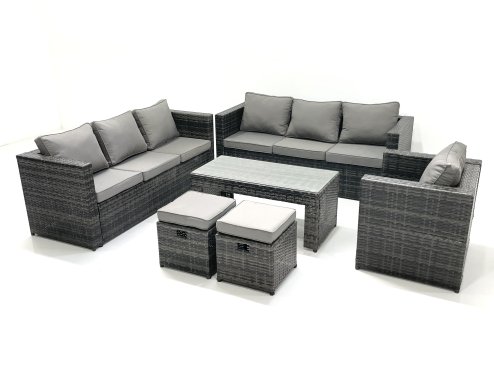 Fimous Rattan Garden Furniture Set Outdoor 9 Seater Patio Conversation Sets with Glass Top Coffee Table Stool