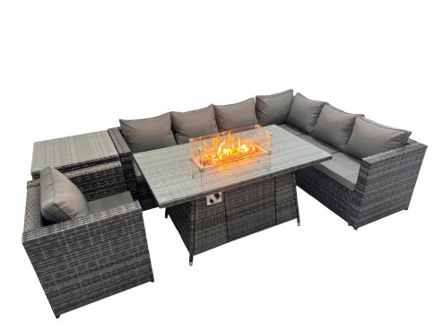 Fimous Garden Rattan Furniture Set 7 Seater Outdoor Corner Sofa Chair Gas Firepit Dining Table Set with Side Table Dark Grey