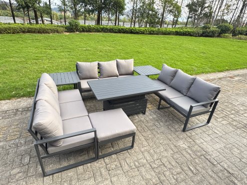 Fimous U-shaped Garden Furniture Set 10-Seater Aluminium Outdoor Dining Set with Adjustable Rising Lifting Dining Table Side Table Big Footstool Dark Grey