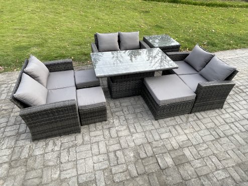 Fimous Wicker PE Rattan Garden Furniture Set Height Adjustable Rising Lifting Table Sofa Dining Set with Double Seat Sofa 3 Footstools Side Table Dark Grey Mixed