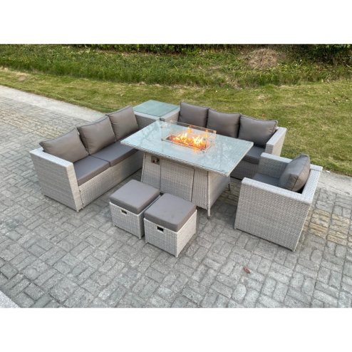 Fimous Light Grey Rattan Fire Pit Garden Furniture Dining Table Set Gas Heater Burner Lounge Sofa With Side Coffee Table