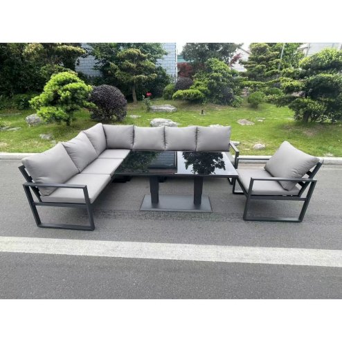 Fimous Aluminum Outdoor Garden Furniture Corner Sofa Chair Adjustable Rising Lifting Dining Table Sets Dark Grey Black Tempered Glass 7 Seater