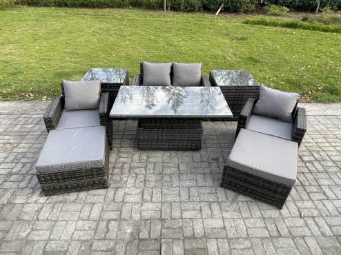 Fimous High Back Rattan Garden Furniture Sofa Sets with Height Adjustable Rising Lifting Table 2 Side Tables 2 Big Footstool Dark Grey Mixed