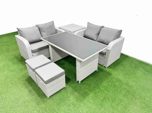 Fimous 6 Pieces Outdoor PE Rattan Sofa Set Patio Garden Furniture Sets with Cushions Side Table 2 Small Stools Light Grey