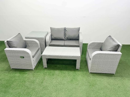 Fimous Light Grey PE Wicker Rattan Garden Furniture Set Sofa Set Reclining Adjustable Chair Oblong Coffee Table 4 Seater With Side Table