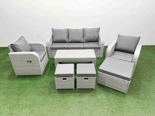 Fimous PE Rattan Garden Furniture Set Reclining Chair Sofa Lounge Sofa Set Rectangular Coffee Table 3 Stools Light Grey Image