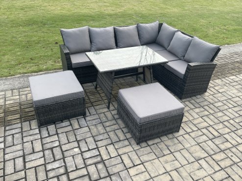 Fimous Outdoor Furniture Garden Dining Set Rattan Corner Sofa Set Rectangular Dining Table with Temper Glass 2 Big Footstool Dark Grey Mixed