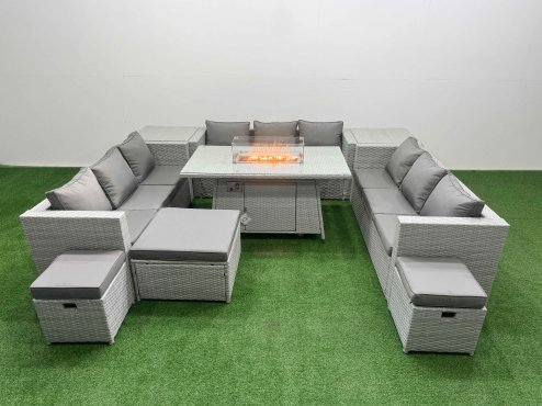 Fimous PE Rattan Lounge Sofa Set Outdoor Garden Furniture Set with Firepit Dining Table 3 Seater Sofa 2 Side Table 3 Stools Light Grey