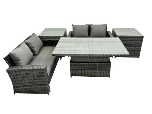 Fimous Outdoor Love Sofa Set 4 Seat Rattan Garden Furniture Set with Adjustable Lifting Dining or Coffee Table Dark Grey Mixed