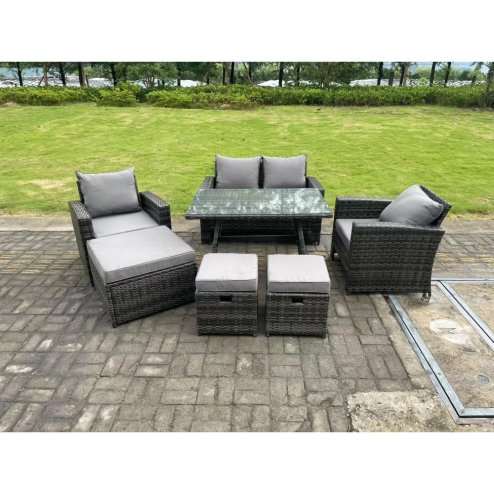 Fimous 7 Seater Dark Grey Mixed High Back Rattan Sofa Set Dining Table Garden Furniture Outdoor