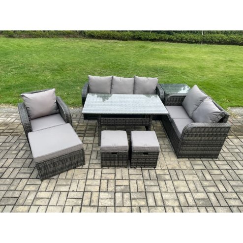 Fimous 8 Piece Rattan Garden Furniture Set with Patio Sofa Rectangular Dining Table Side Table 3 Small Footstools Indoor Conservatory Patio Set
