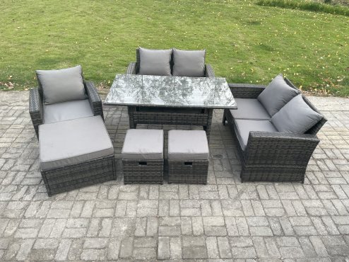 Fimous 8 Seater Outdoor Garden Dining Set Wicker PE Rattan Furniture Sofa with Rectangular Dining Table Double Seat Sofa Dark Grey Mixed
