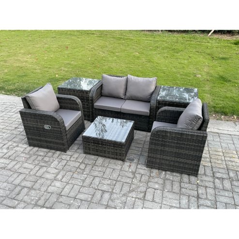 Fimous Wicker PE Rattan Garden Furniture Set Outdoor Lounge Sofa Set with Love Sofa Square Coffee Table 2 Side Tables Dark Grey Mixed