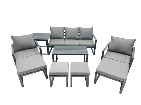 Fimous 9 Seat Outdoor Garden Furniture Set Aluminium Lounge 3 Seat Sofa Oblong Coffee Table Sets with Chair 4 Stools Side Table Dark Grey