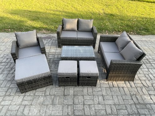 Fimous Rattan Garden Furniture Set 8 Seater Patio Outdoor Lounge Sofa Chair Set with Rectangular Coffee Table 3 Footstools Dark Grey Mixed