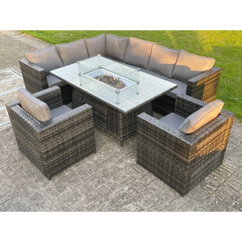 Fimous Outdoor Rattan Garden Set Corner Furniture Gas Fire Pit Dining Table Sets Gas Heater Lounge Chairs Dark Grey 8 Seater